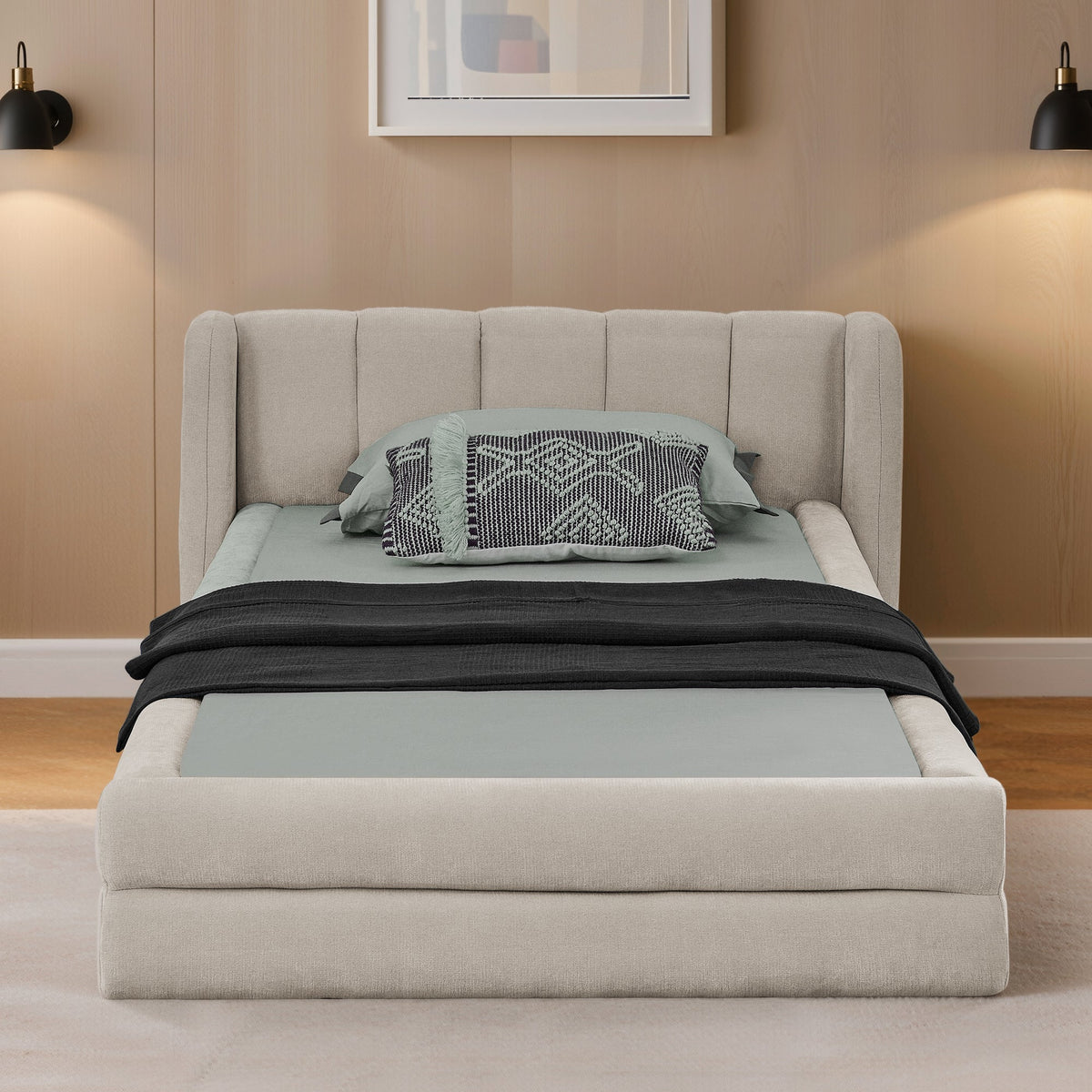 Single Bed 90x200cm Comfortable Headboard Chenille Beige
