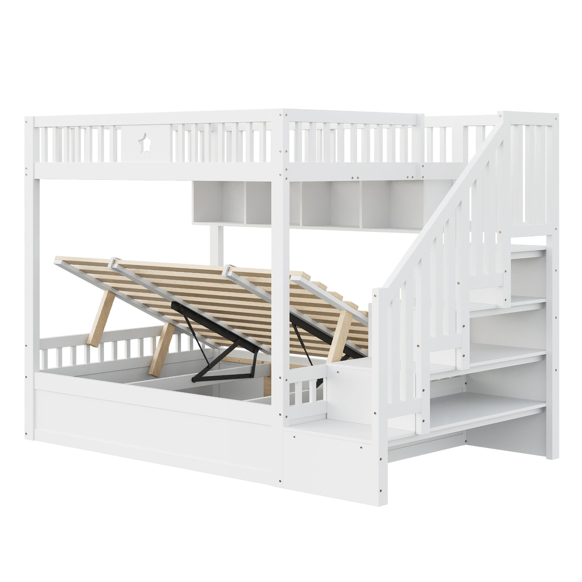 Wooden Bunk Bed 140x200cm with Hydraulic Storage & Stairs, White