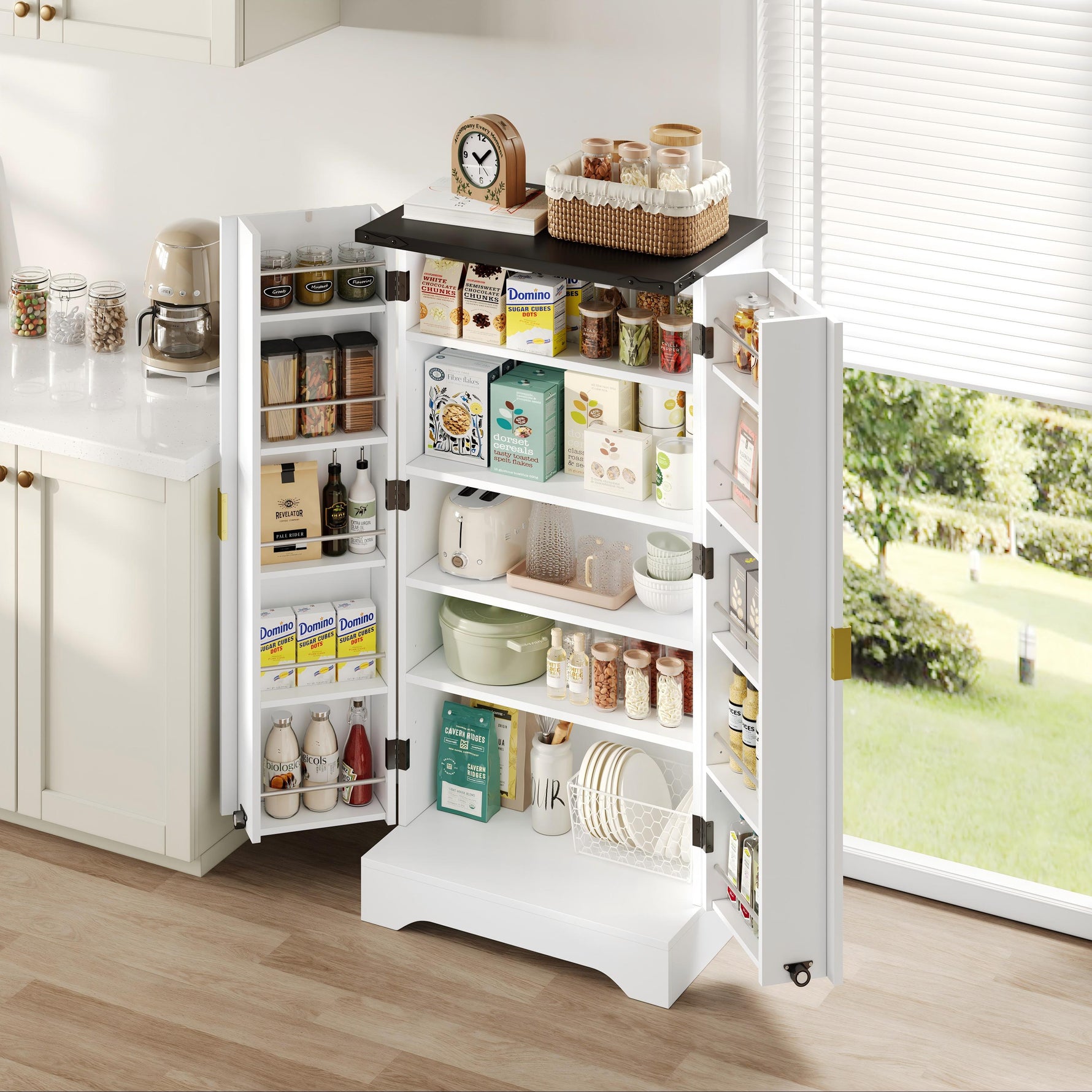 Kitchen Cabinet with LED Light, Spice Rack, Adjustable Shelves, Double Doors - White