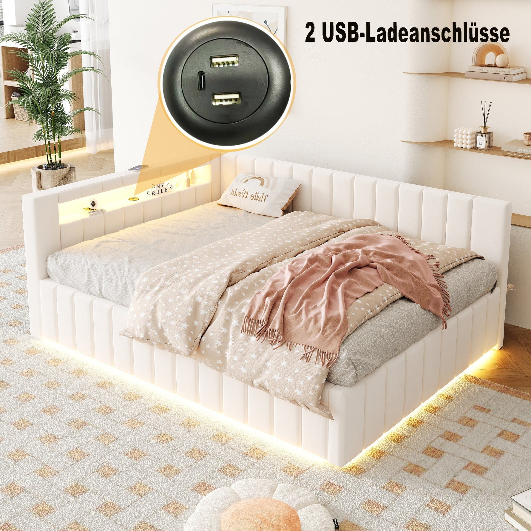 Upholstered Sofa Bed 140x200 Hydraulic Storage LED USB Port, Beige Velvet