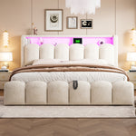 Upholstered Bed 180x200cm with Storage & LED, Beige Velvet