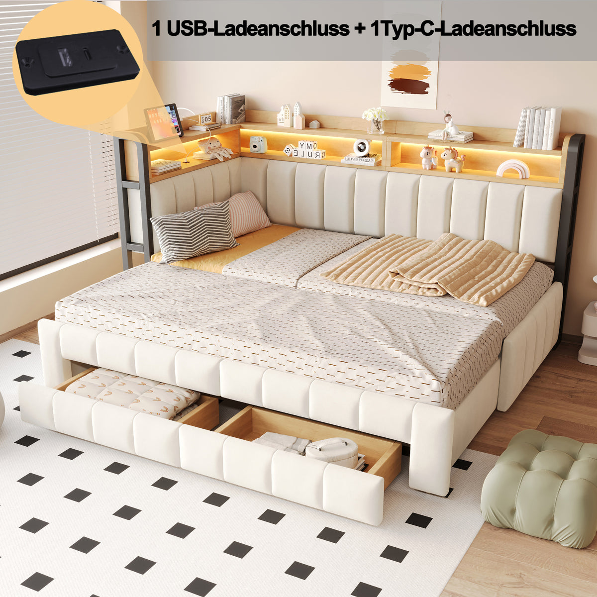 Upholstered Sofa Bed with Storage & LED Lighting, Beige Velvet