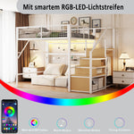 Loft Bed, 140x200 with LED Light Strips & Storage Stairs, Metal White
