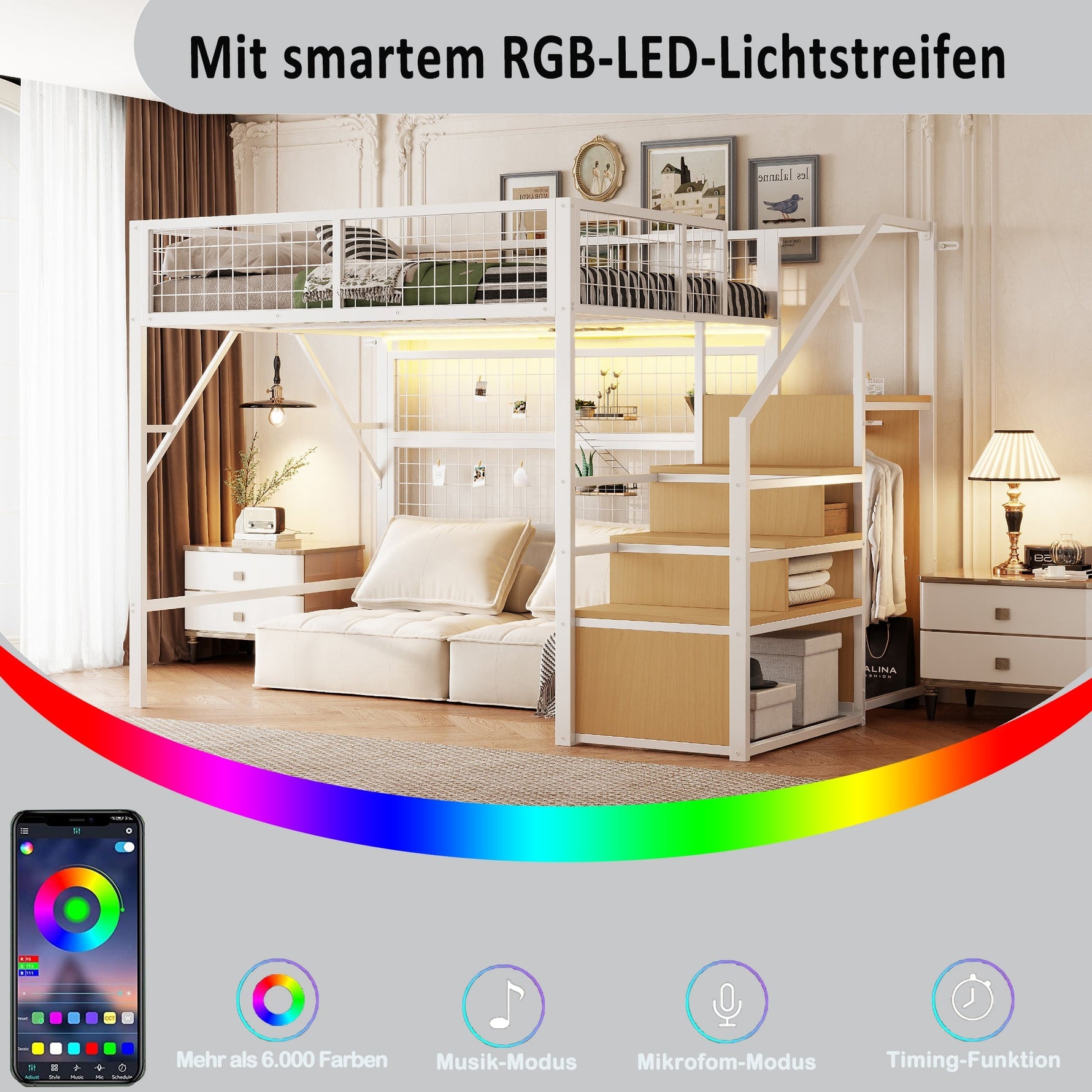 Loft Bed, 140x200 with LED Light Strips & Storage Stairs, Metal White