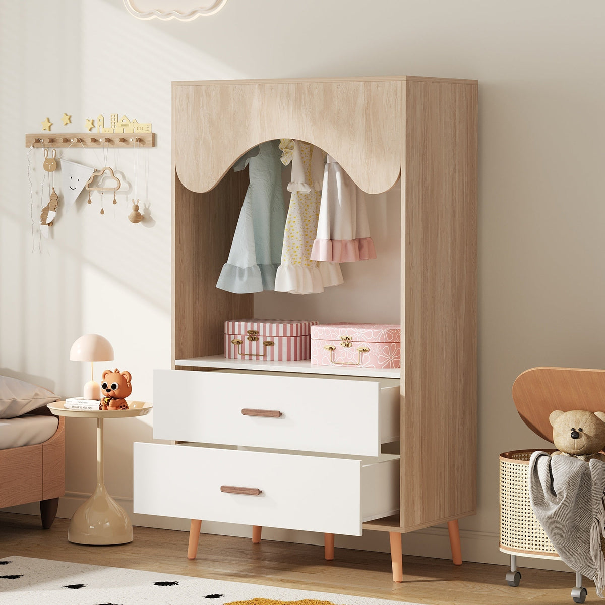 Children's Wardrobe Clothes Rail Drawers Open Storage, White Natural Wood Chipboard