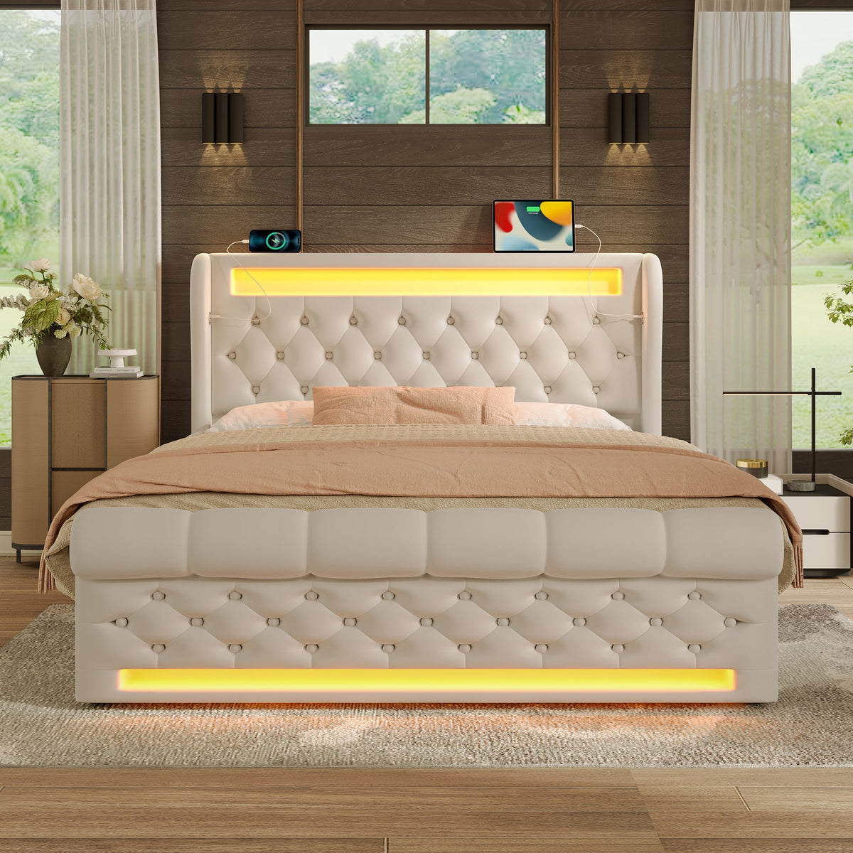 Upholstered Double Bed with LED, USB, Type-C and Hydraulic Storage, 140x190cm, Beige Velvet