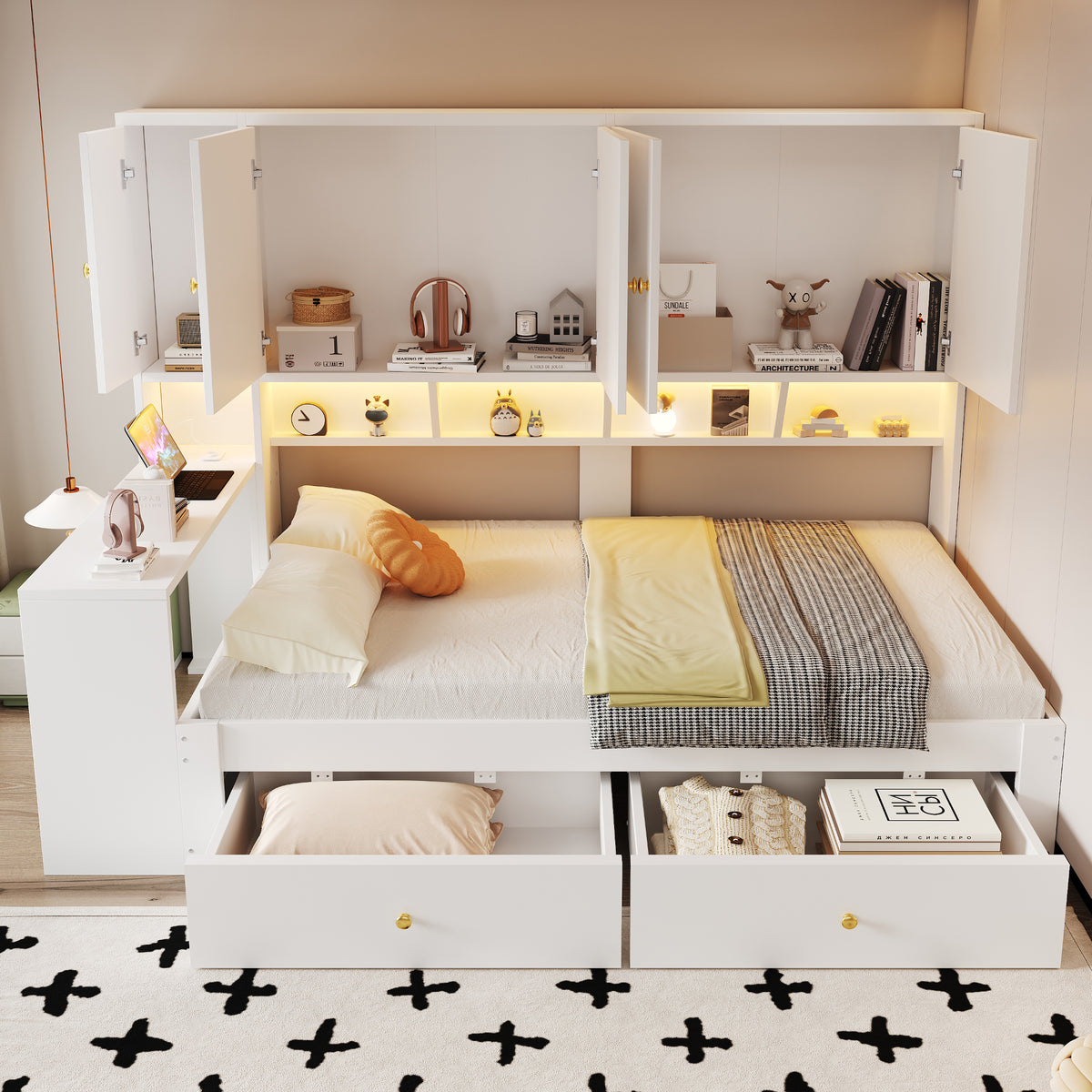 Multifunctional Bed 90x200cm with Desk, LED & Storage - White