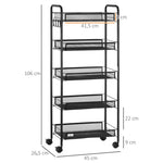 Rolling Cart 4 Tier, 5 Baskets, Steel Black