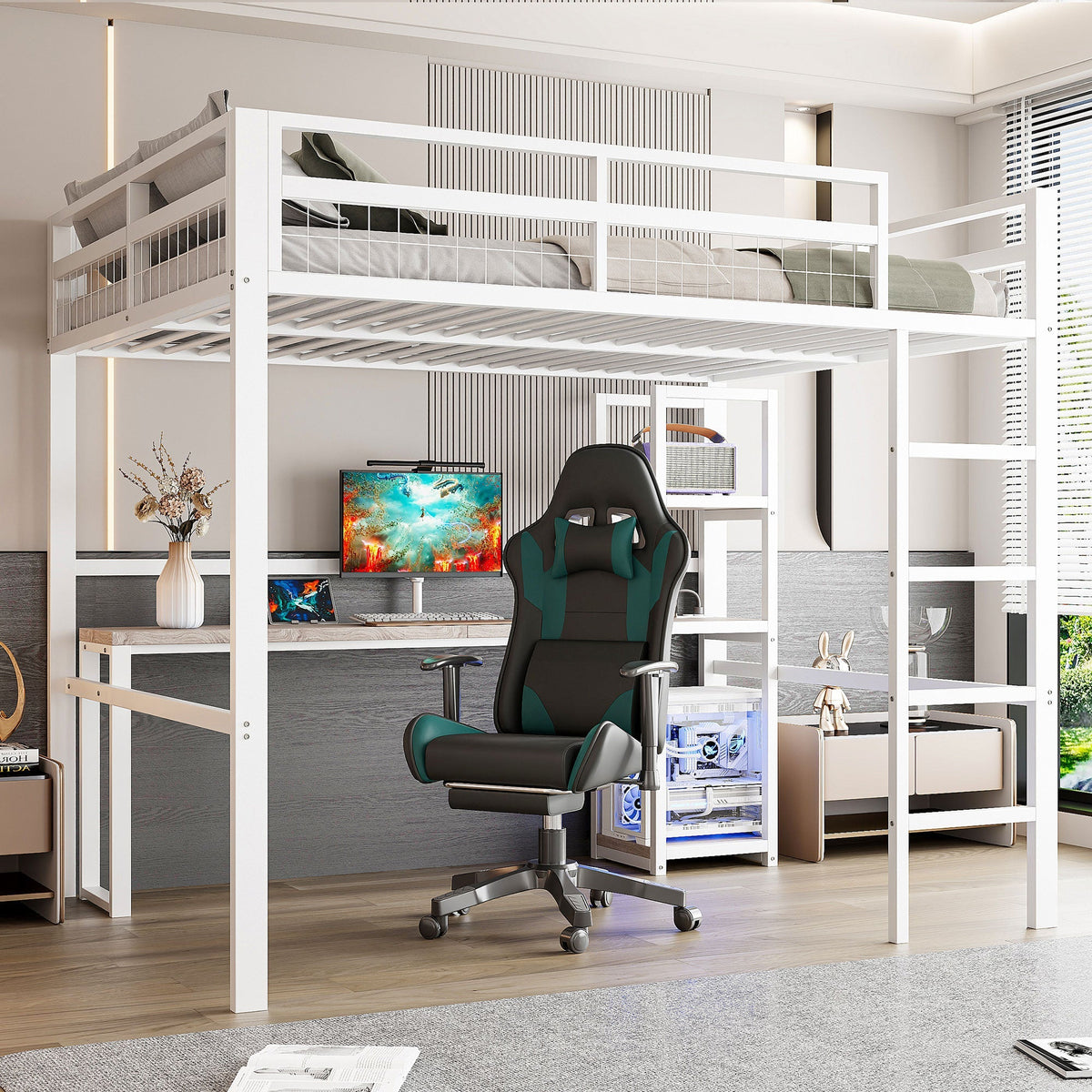 Loft Bed 140x200cm Desk Power/USB-C Shelves Stepladder - White Iron Frame