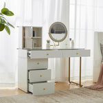 Dressing table set with LED-illuminated mirror, transparent tempered glass tabletop, side cabinet, white