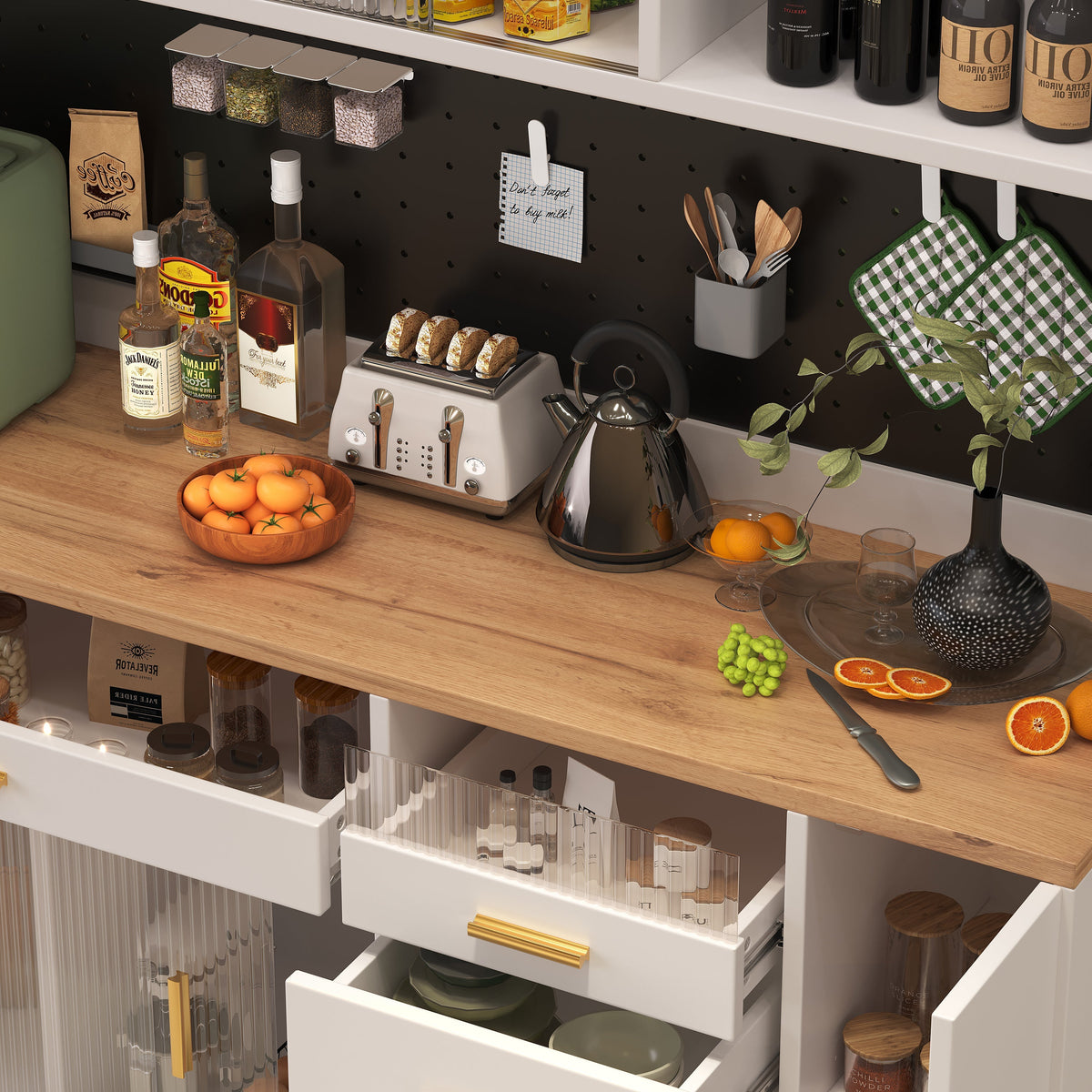 Tall Cabinet with LED Lighting and Pegboard Shelves, White