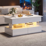 Liftable Coffee Table, Height-Adjustable Hidden Storage LED 2 Drawers, White MDF/Acrylic