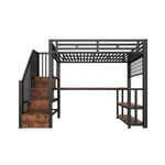 Loft Bed 90x200cm with Desk, LED & Storage, Black Metal