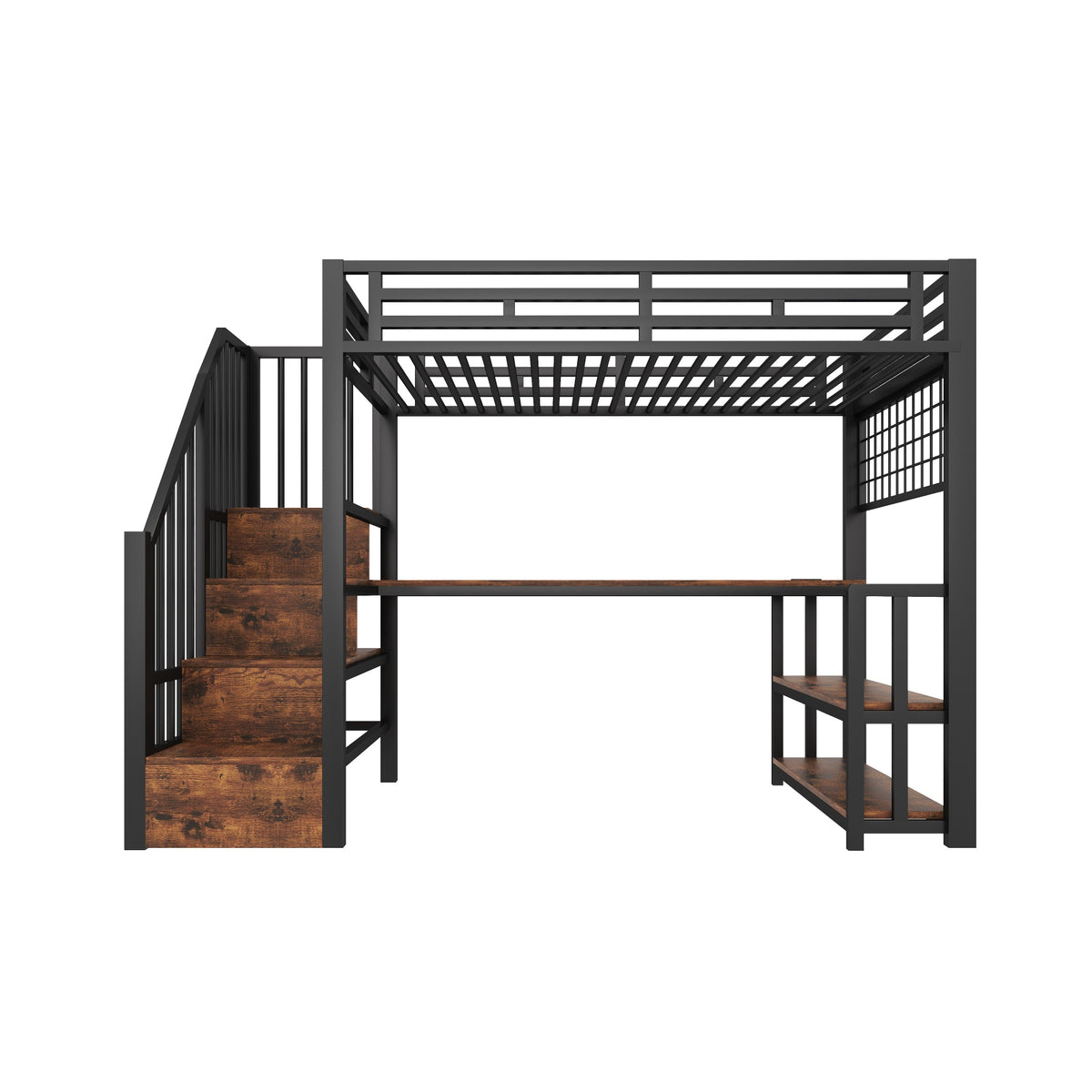 Loft Bed 90x200cm with Desk, LED & Storage, Black Metal