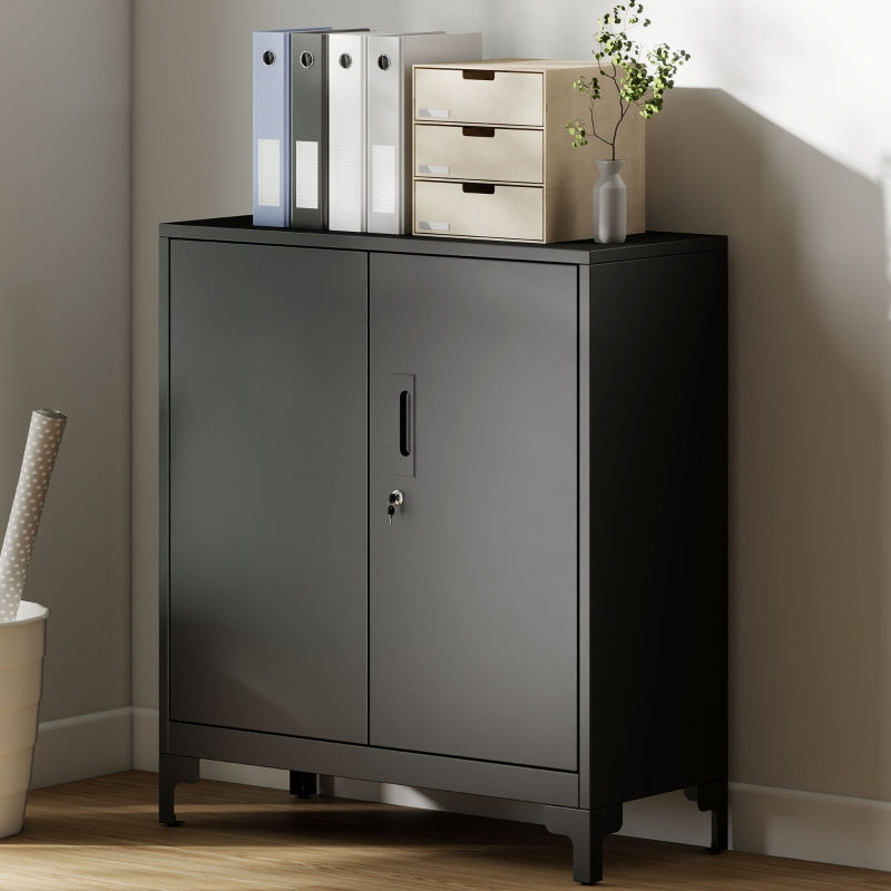 Metal Office Cabinet, Lockable 2-Tier Design, Black