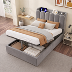 Upholstered Bed 90x200cm with Storage & USB, Grey Velvet