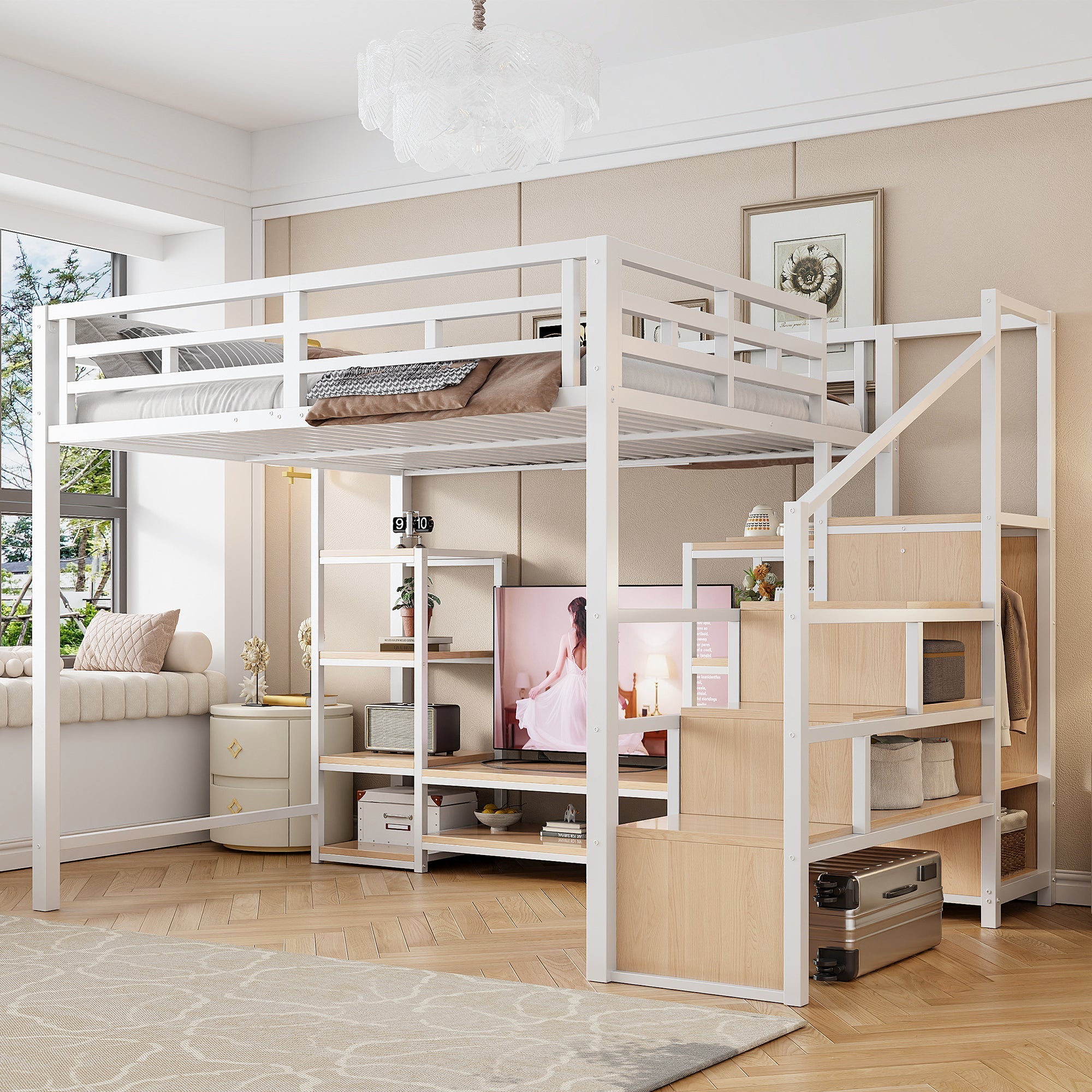 Loft Bed with TV Stand, Power Outlet and Safety Ladder, 140x200cm, White Metal and Wood