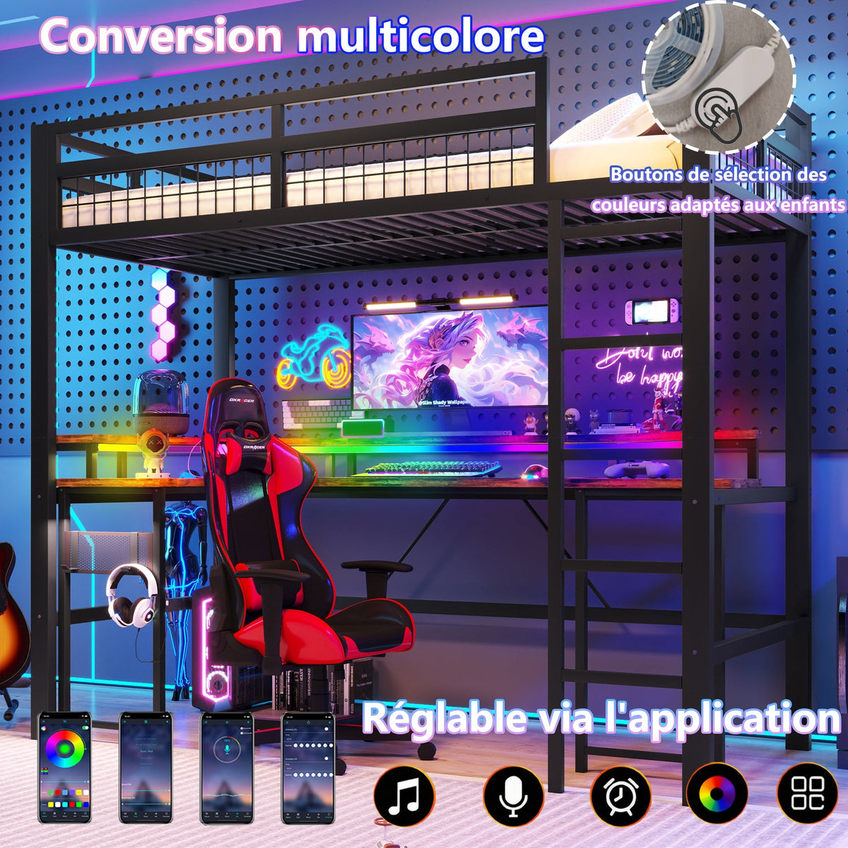 Loft Bed with Desk, LED Lights and Charging Ports, 90x200 cm, Black Iron