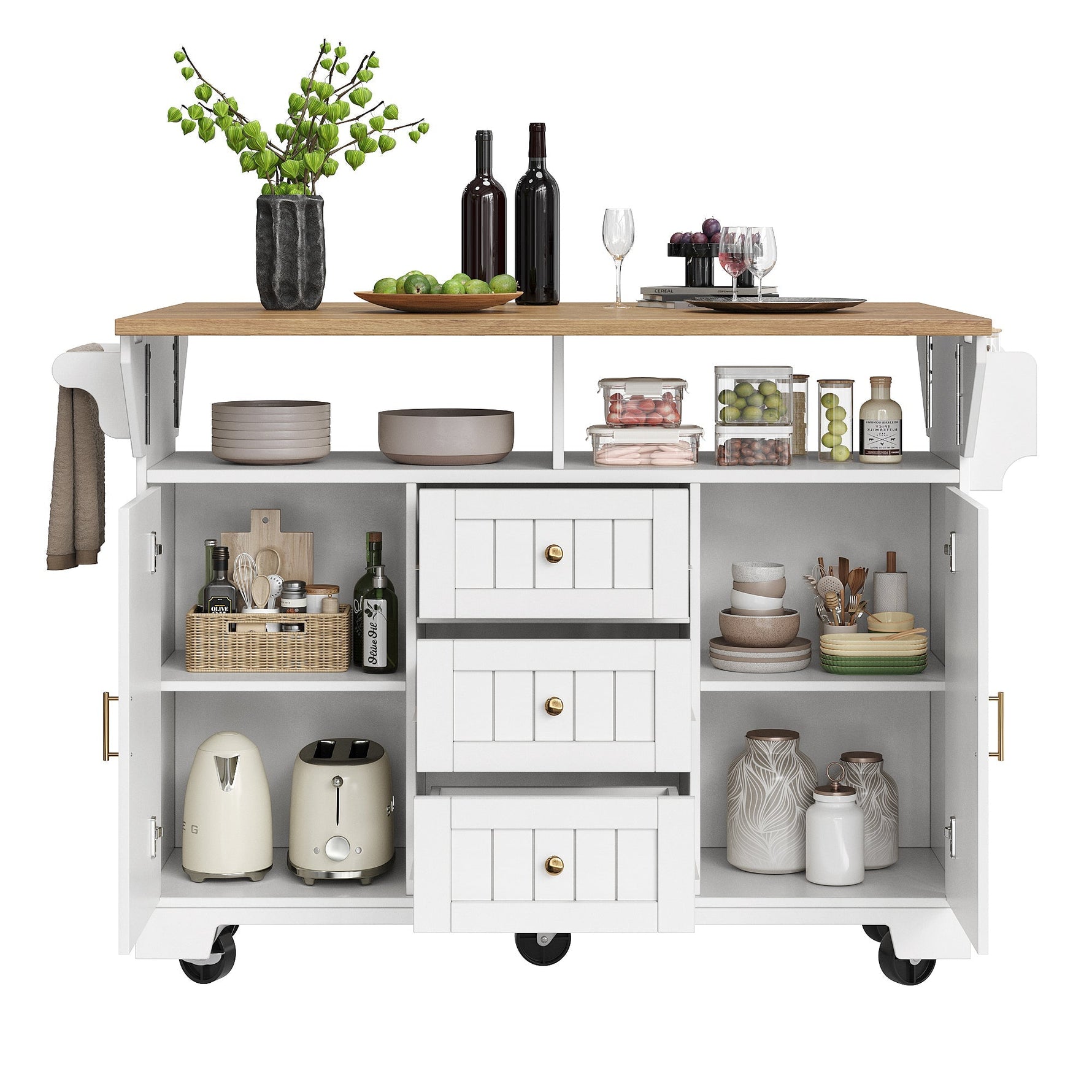 Kitchen Island Extendable Mobile 2 Doors 3 Drawers Spice Rack - Black/White