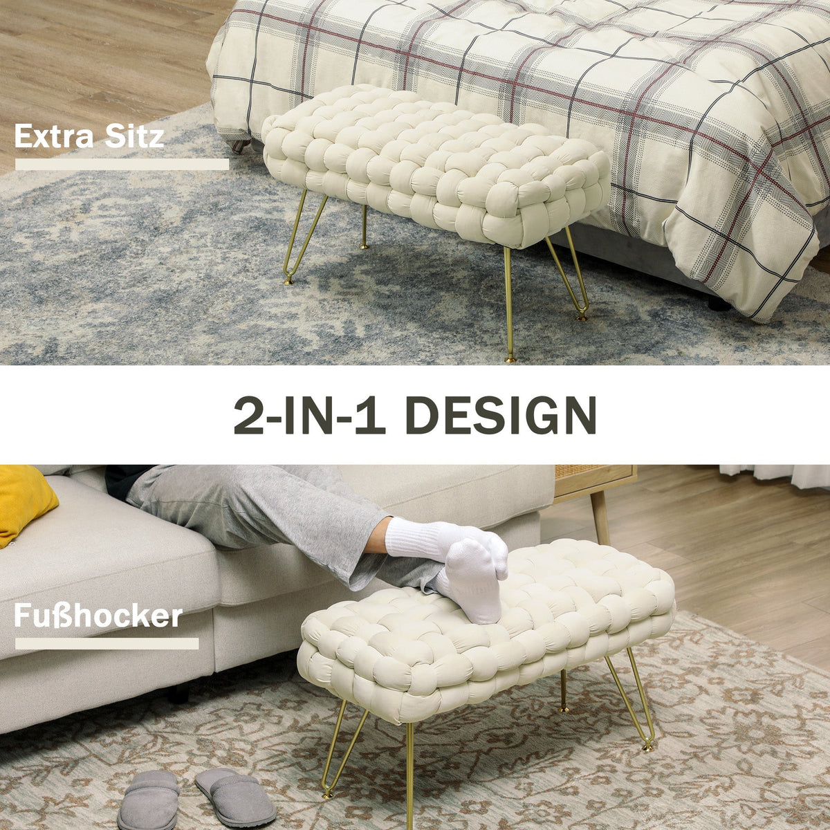 Footstool with Padded Seat, Metal Legs, Cream White Velvet