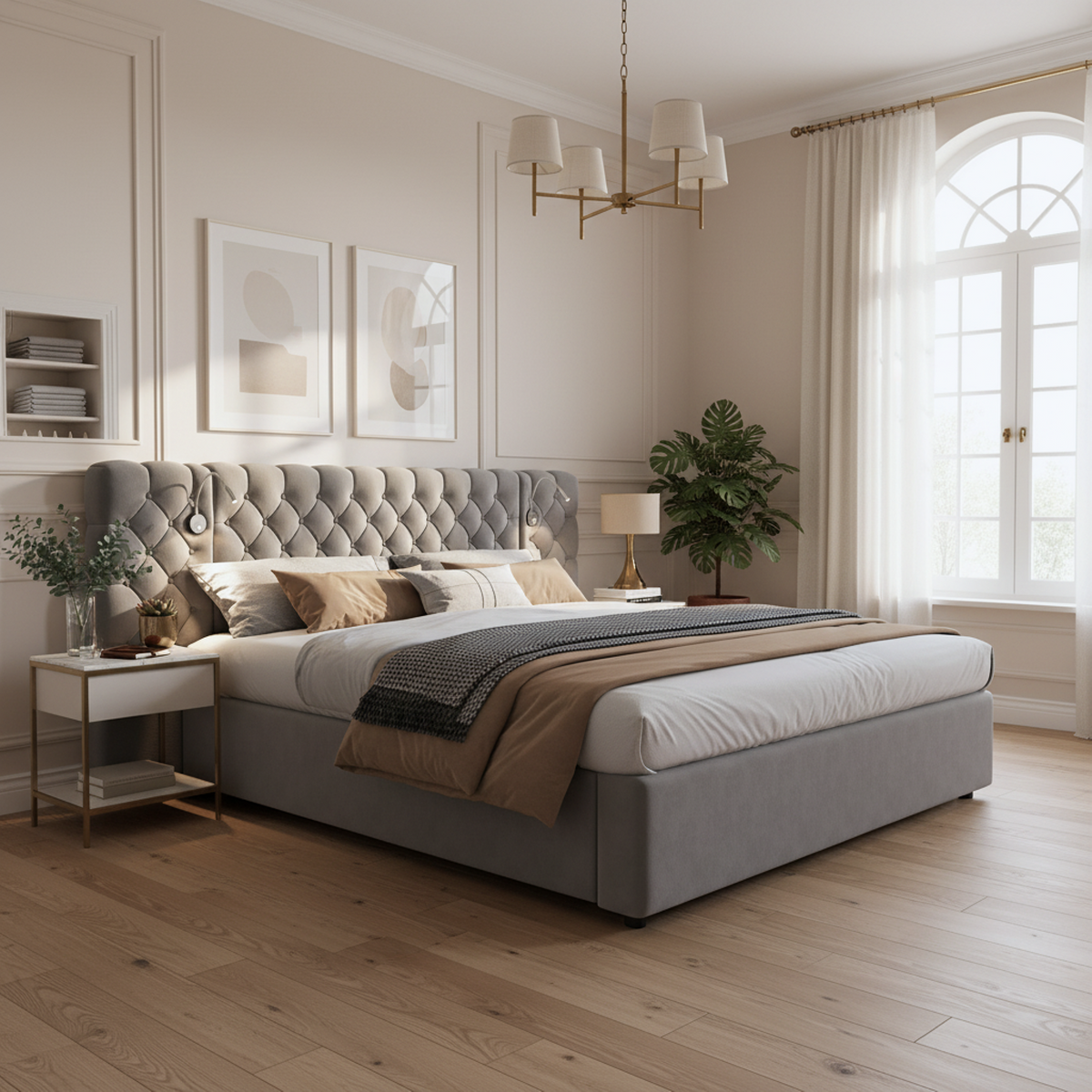 Upholstered Hydraulic Storage Bed 180x200 LED, Grey Velvet