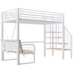 Bunk Bed with Removable Sofa, Storage and Safety Stairs, 90x200cm, White Metal