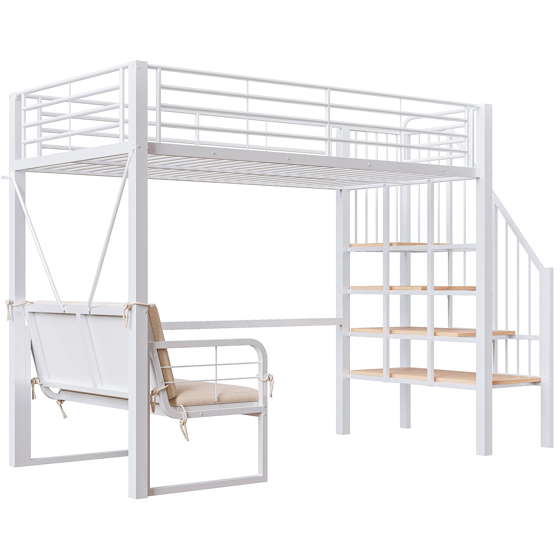 Bunk Bed with Removable Sofa, Storage and Safety Stairs, 90x200cm, White Metal