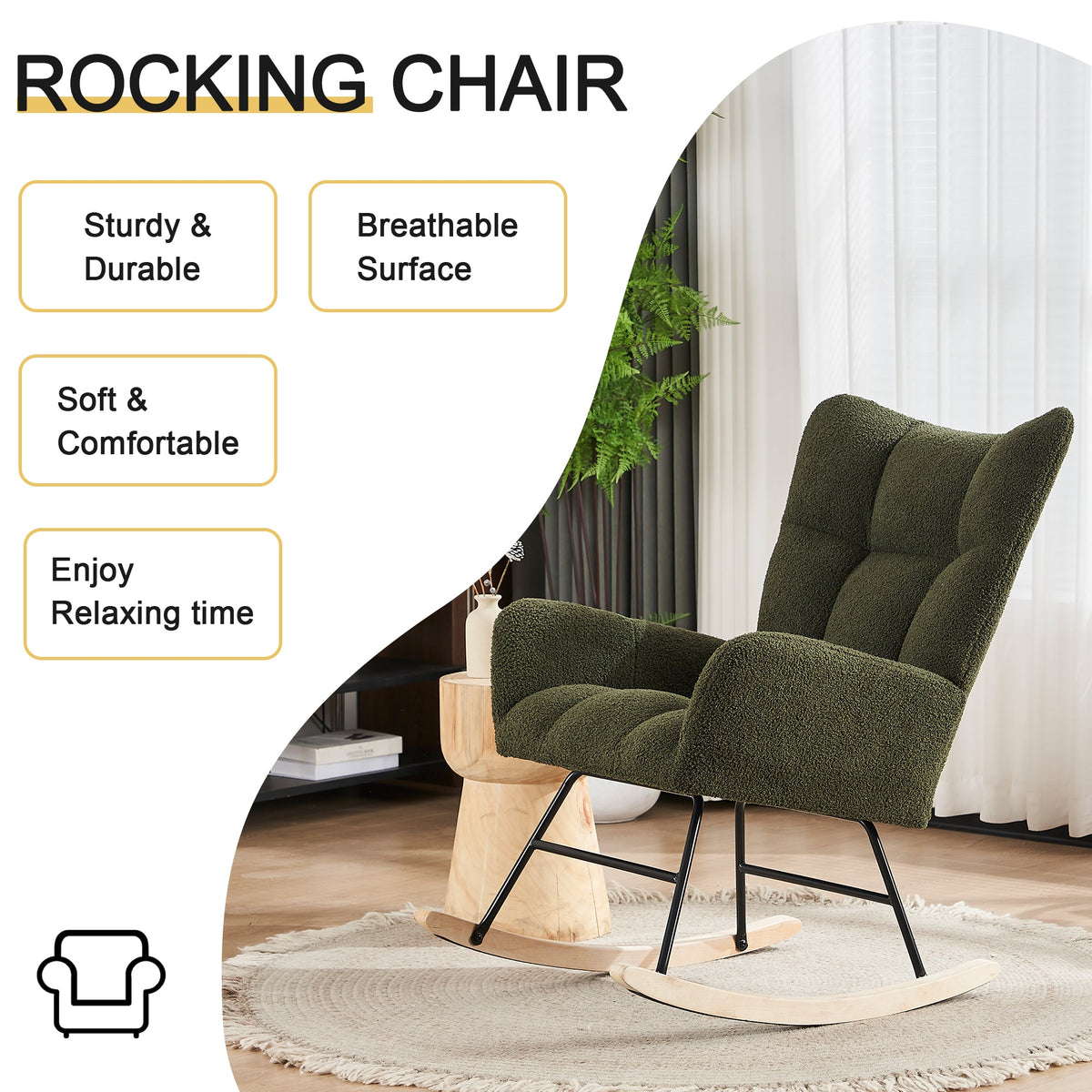 Rocking Chair Modern High Back Armrests - Green