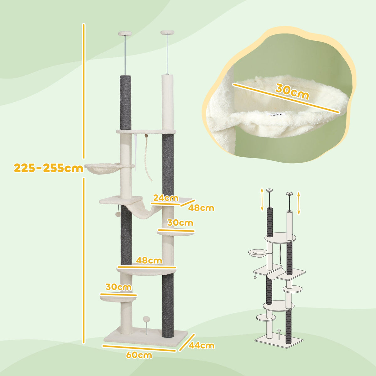 Cat Tree, Ceiling-High with Hammocks, Scratching Posts, White