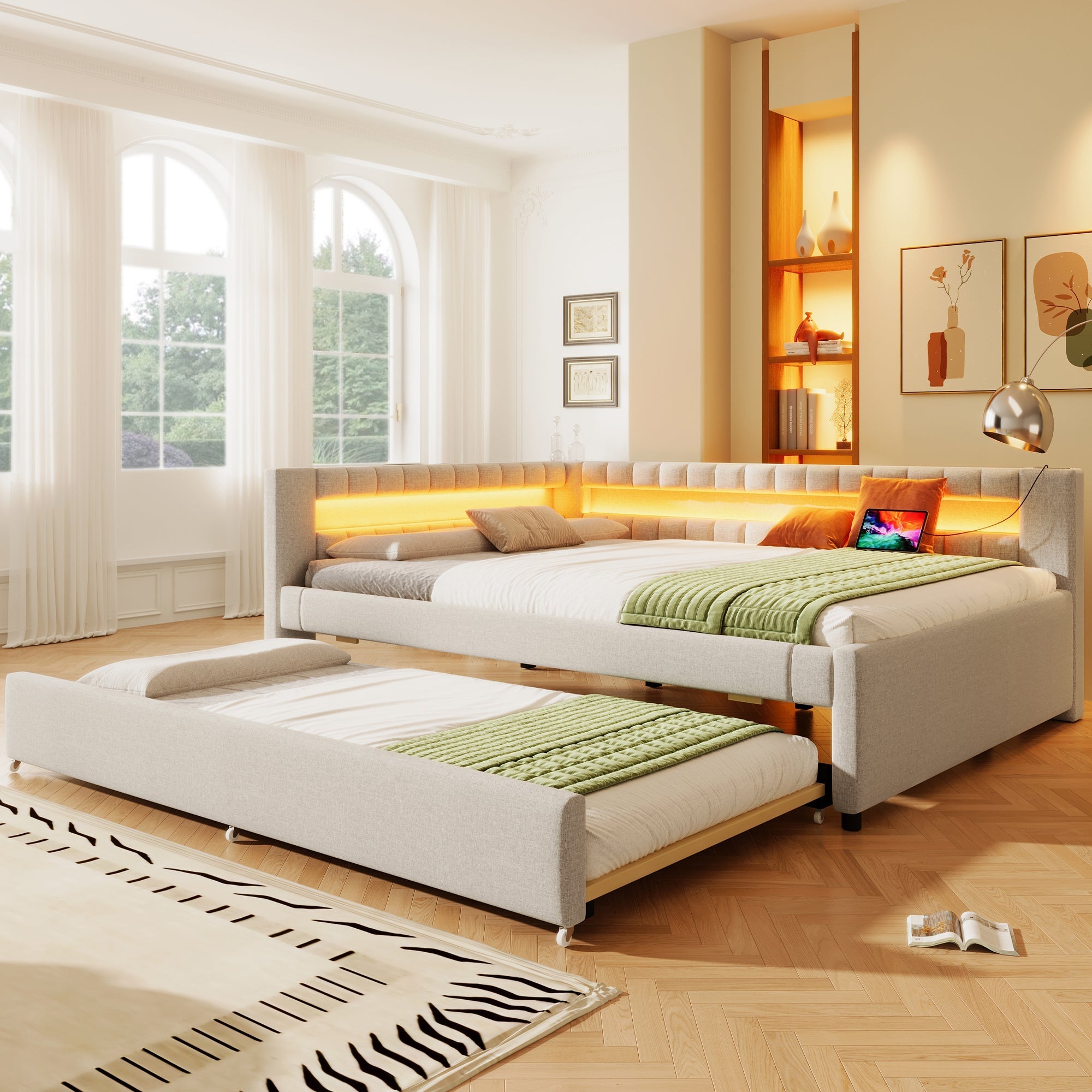 Daybed with Pull-Out Bed, LED Light Strip and USB Ports, Beige Linen