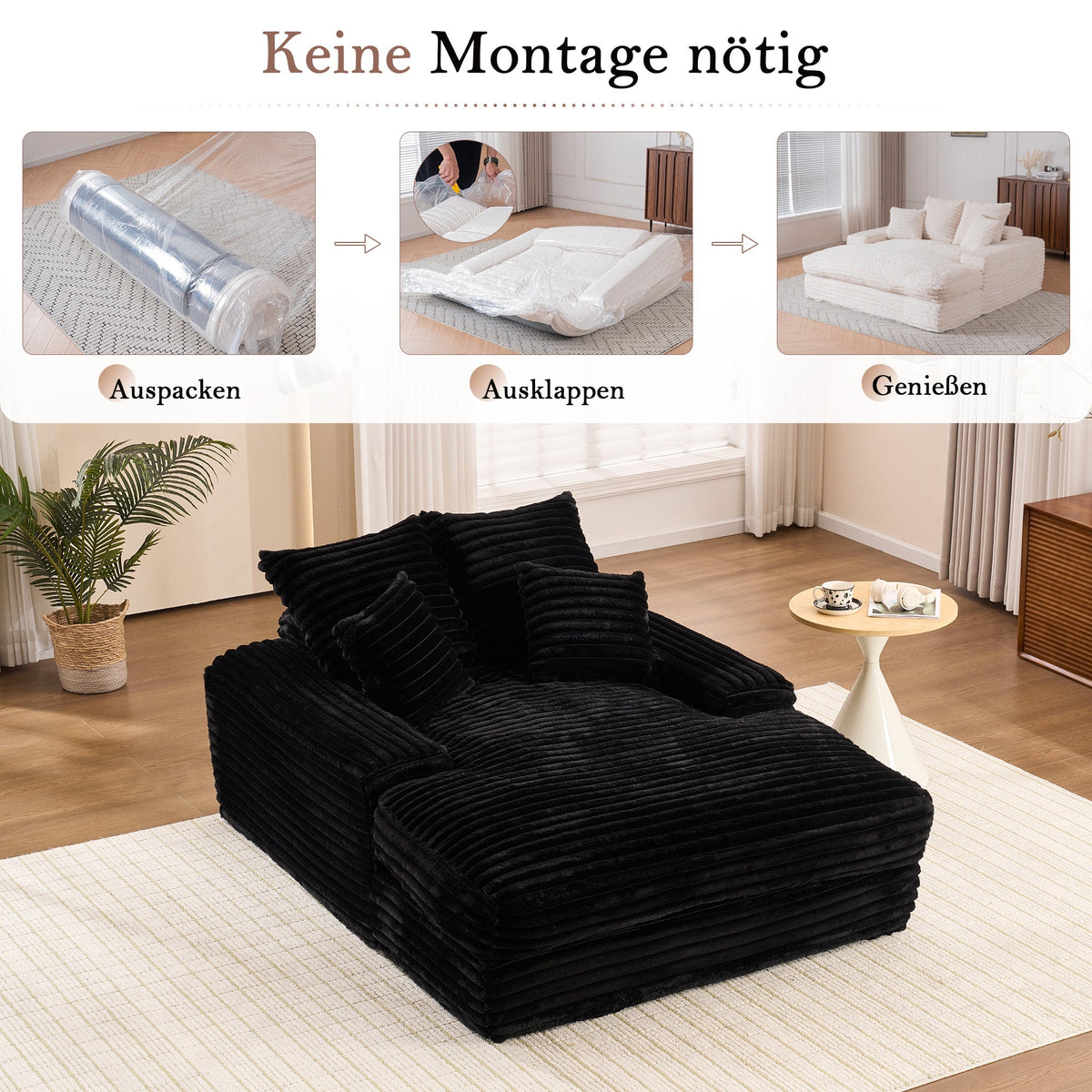 Luxury Cord Sofa, Multifunctional Sofa Bed, No Assembly, Black