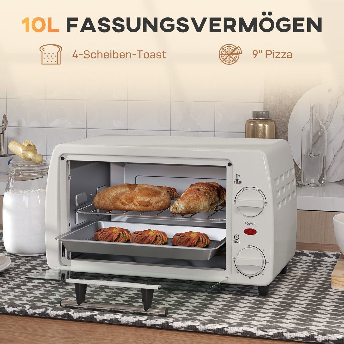 Mini Oven 10L 750W 230℃ Temp 60 Min Timer, Cream White