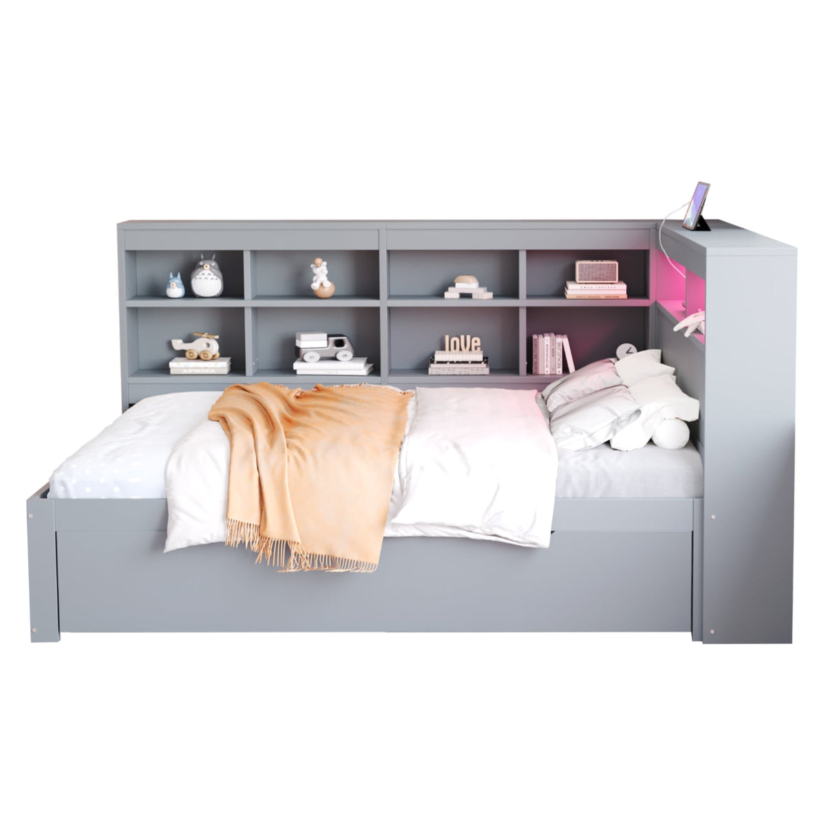 Solid Wood Sofa 140x200cm, Extra Large Drawers, USB, LED, Grey