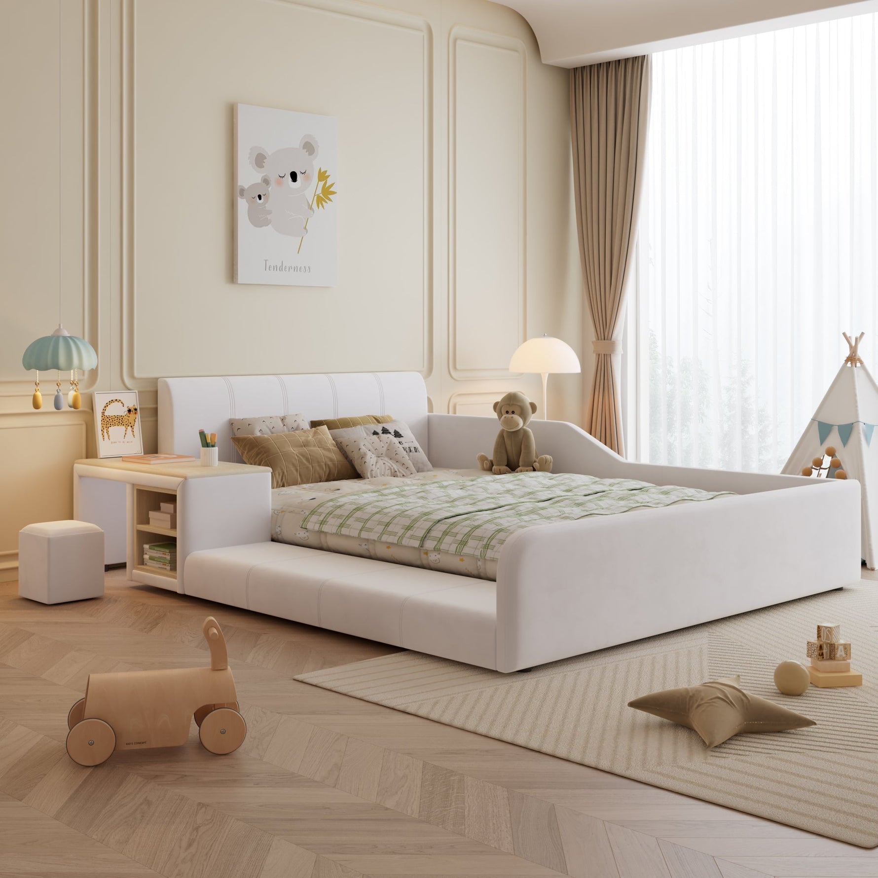 Upholstered Bed with Desk, Stool and Storage Shelf, 140x200cm, White Velvet