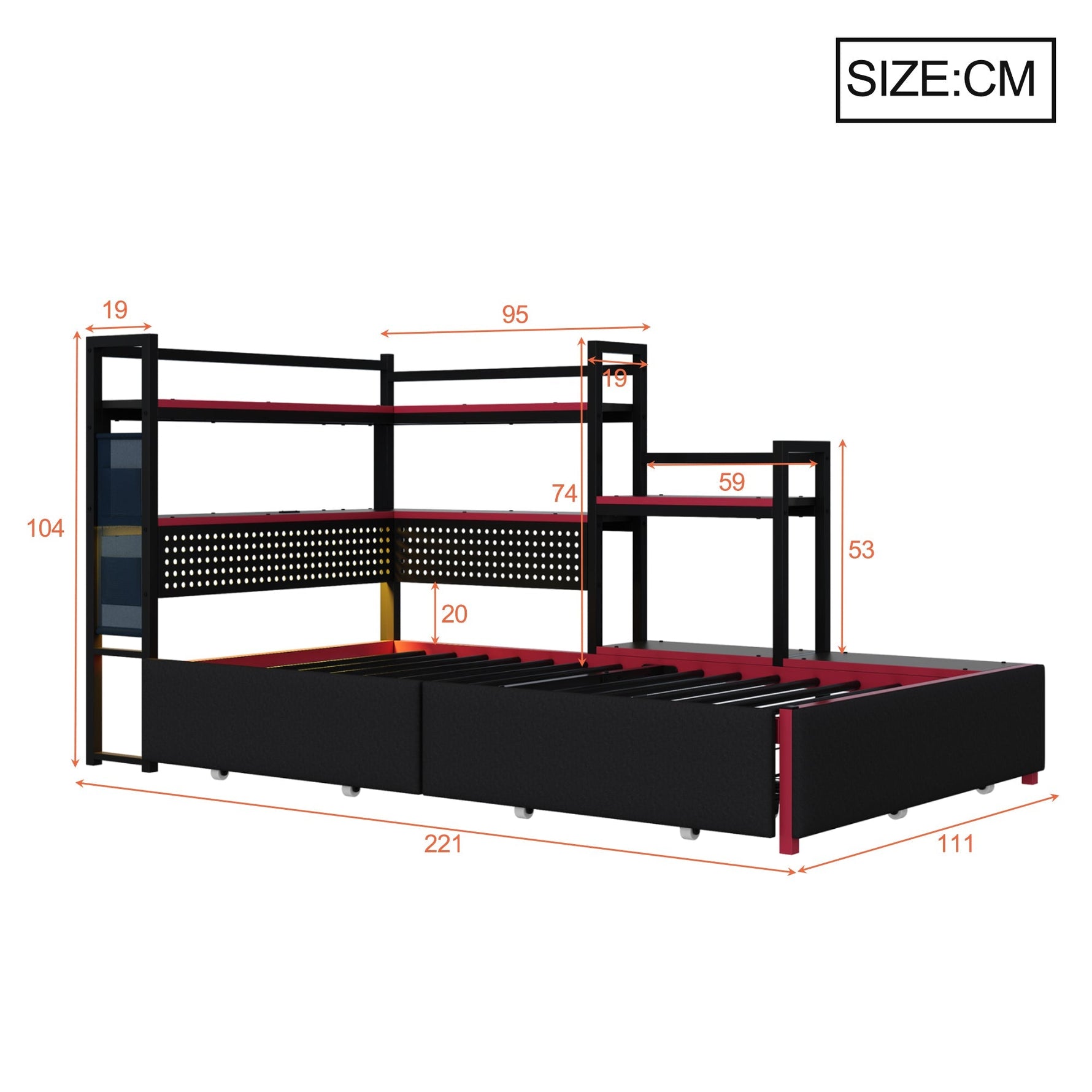 Gaming-Style Metal Bed Frame with 3 Drawers, LED Lighting, USB Ports, Pegboard and Side Shelves, Black Metal