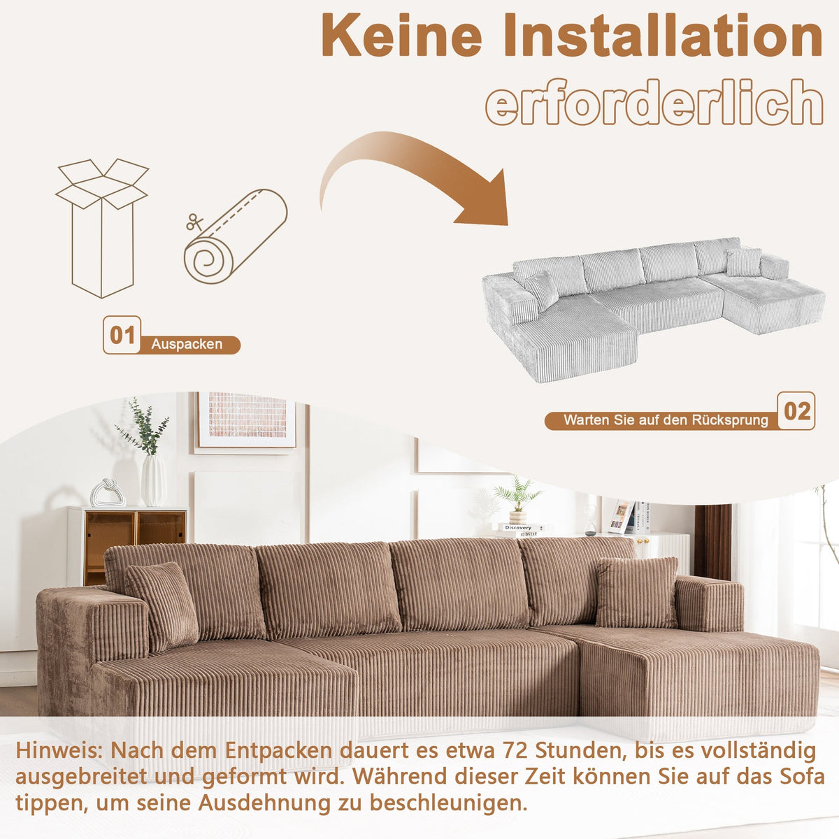 Modern U-Type Leisure Sofa with Modular Non-Assemble Design and Lounge Chairs, Lamp Fabric