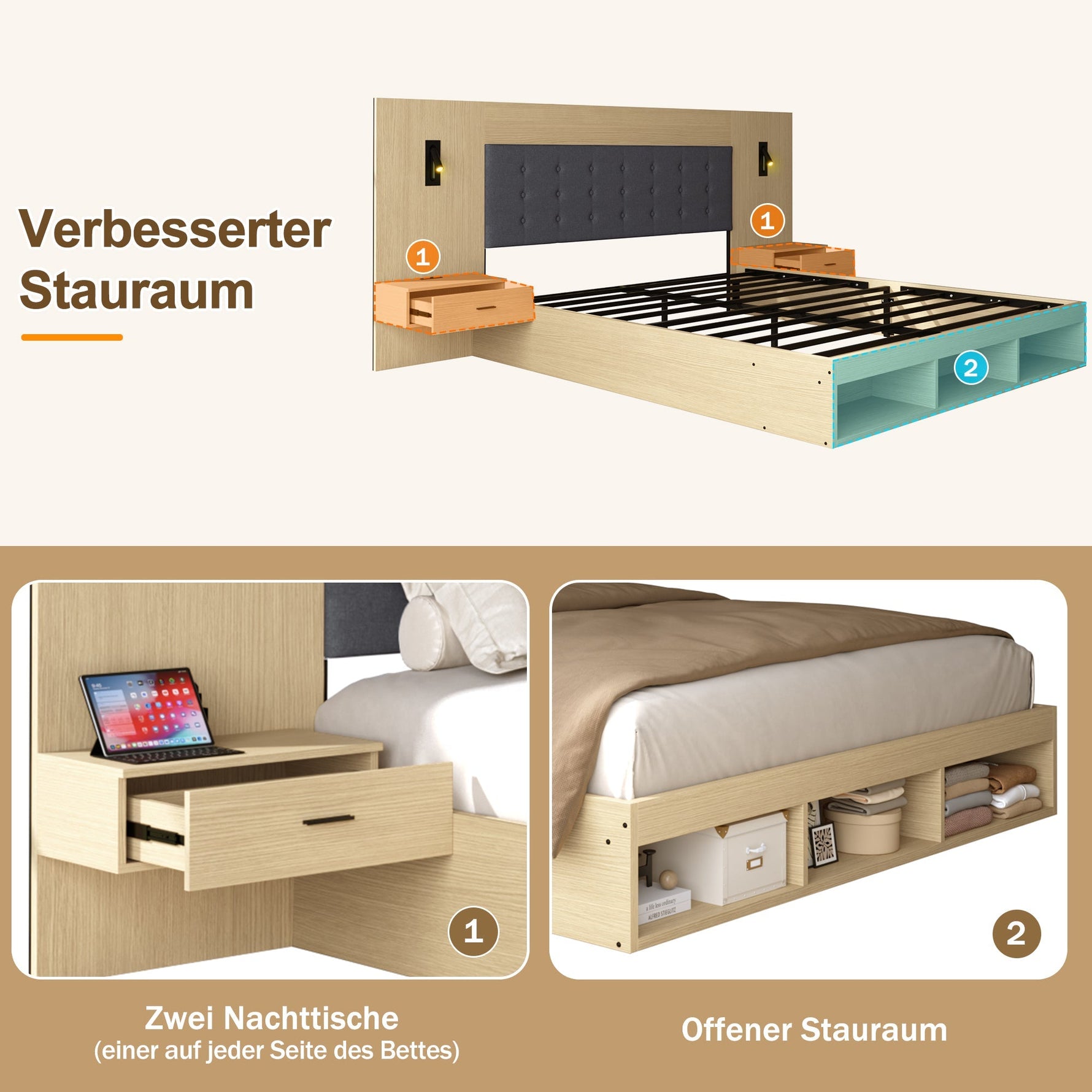 Double Bed with Storage, Charging Station, Reading Lamp and 2 Bedside Tables, 180x200cm, Light Oak Wood