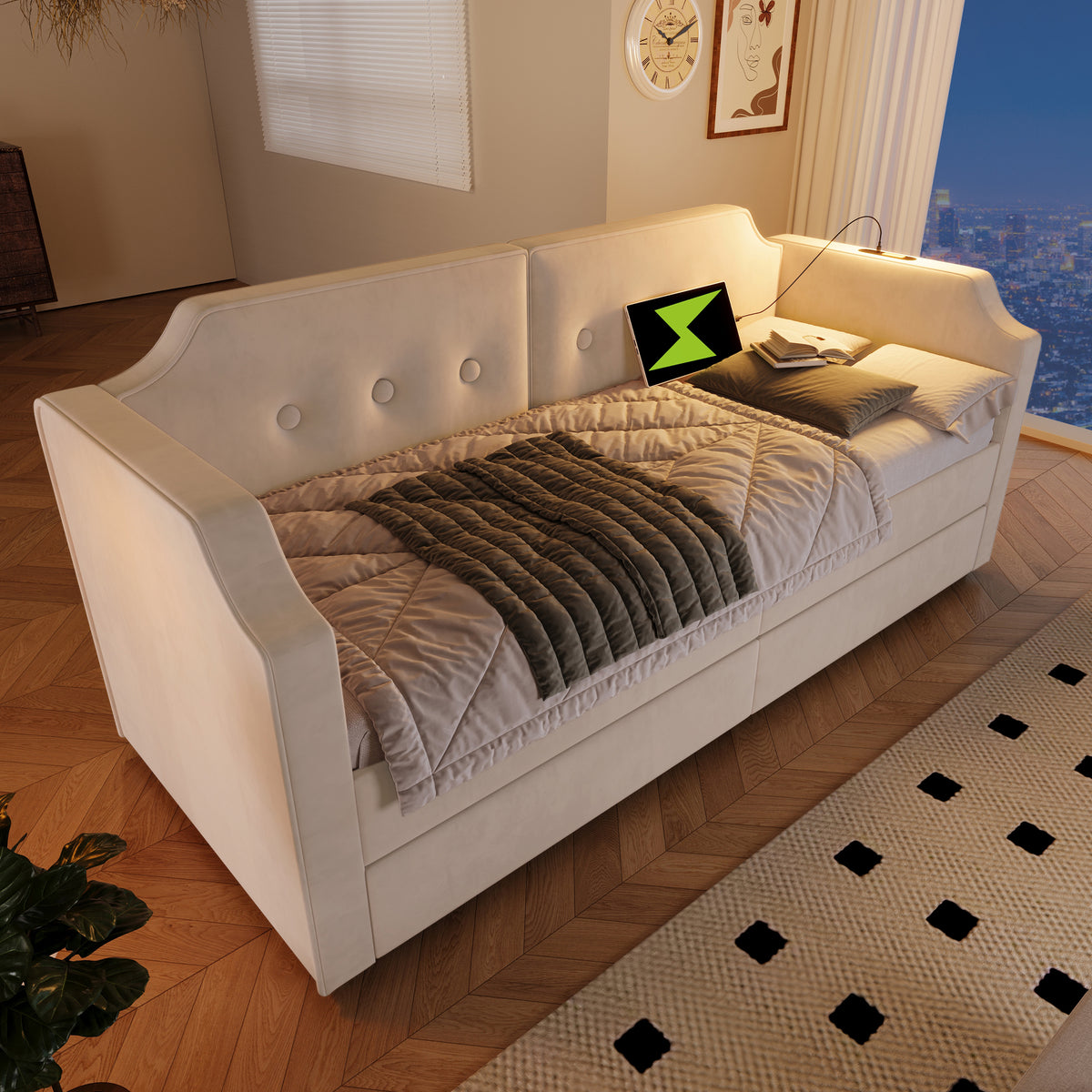 Upholstered Daybed 90x200cm with USB & 2 Drawers, Beige Velvet