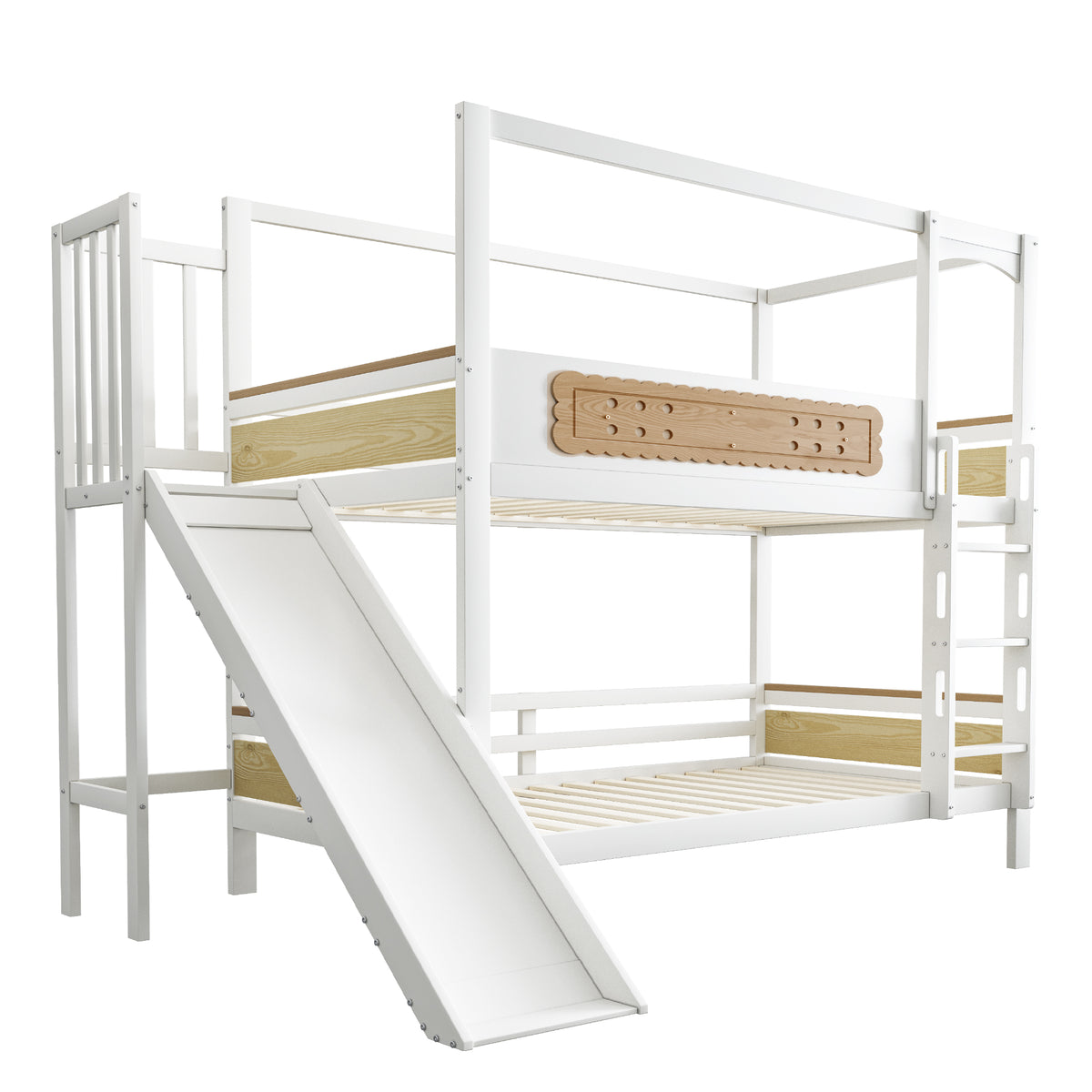 Children's Bunk Bed 90x200 with House Frame & Slide, Wood Color
