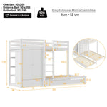 Bunk Bed 90x200 with Pull-Out Bed & Storage, Solid Wood, White