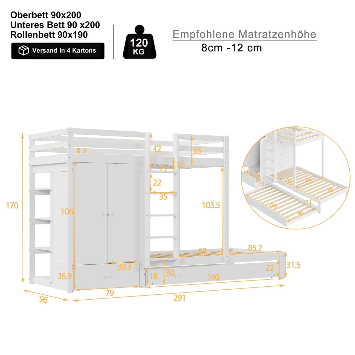 Bunk Bed 90x200 with Pull-Out Bed & Storage, Solid Wood, White