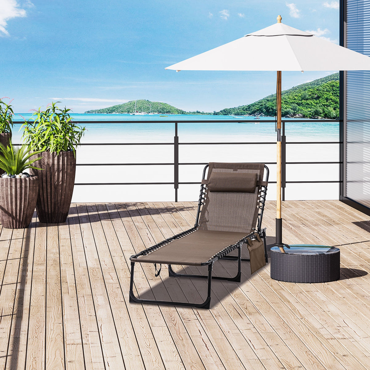 Folding Sun Lounger with Headrest & 5-Position Adjustable Backrest, Brown