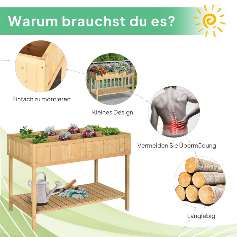 Planting Table Raised Bed, 8 Compartments with Drainage, Fir Solid Wood