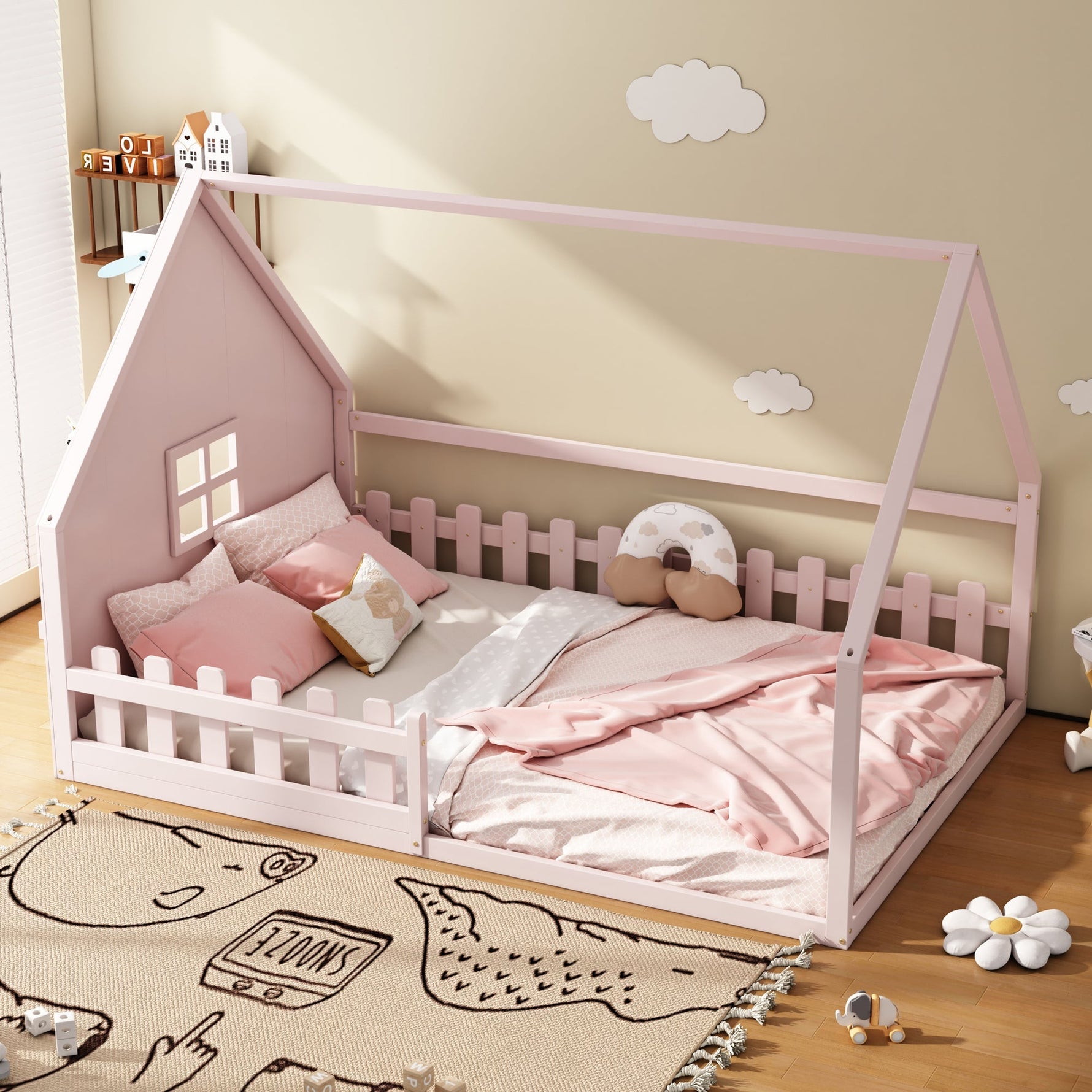 Flatbed Children's Bed 140x200cm House Rail - Pine Wood Pink