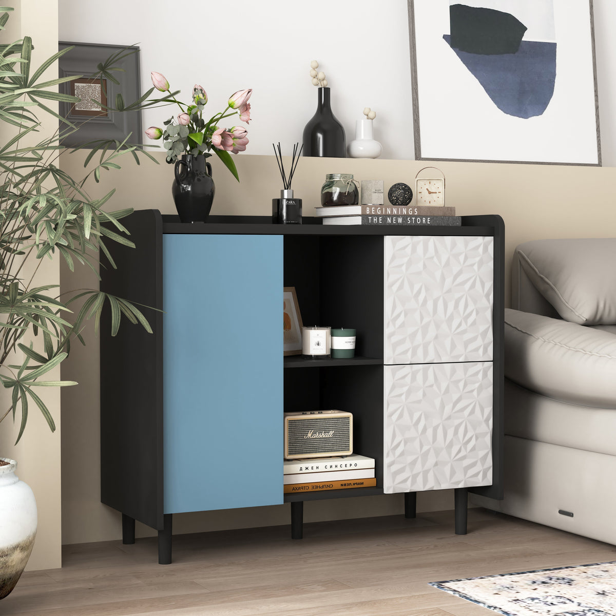 Sideboard Buffet Cabinet 2 Drawers 2 Open Storage - Black/Blue Doors