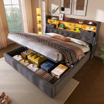 Upholstered Bed 140x190cm with Storage & LED, Grey Linen