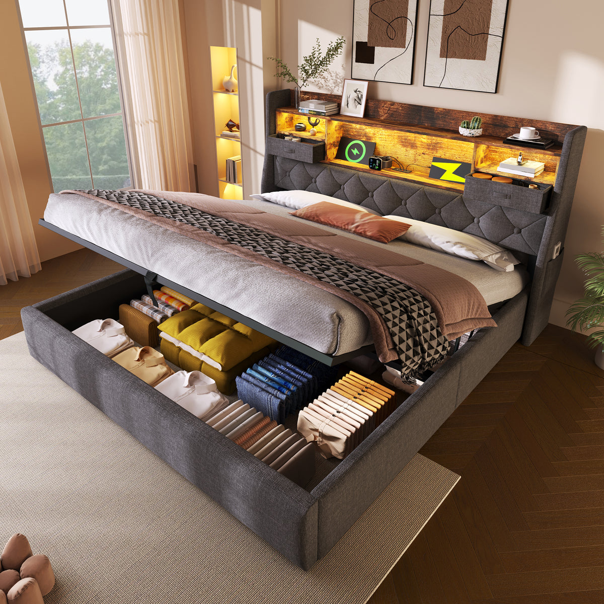 Upholstered Bed 140x190cm with Storage & LED, Grey Linen