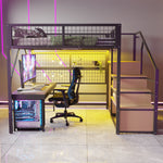 Metal Loft Bed 140x200 LED Lights Storage Open Wardrobe, Black