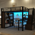 Loft Bed 140x200cm Iron Frame with Desk LED Light Strip Storage Stairs Black