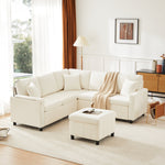 Chenille Corner Sofa Bed with Ottoman and USB Charging, Beige